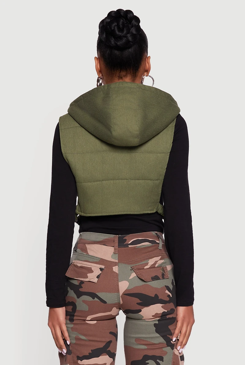 Side Buckle Hooded Zip Front Quilted Vest