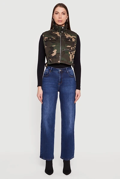 Zip Front Mock Neck Cropped Camouflage Vest