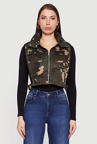 Zip Front Mock Neck Cropped Camouflage Vest