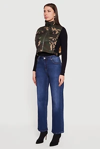 Womens Zip Front Mock Neck Cropped Camouflage Vest, Green,