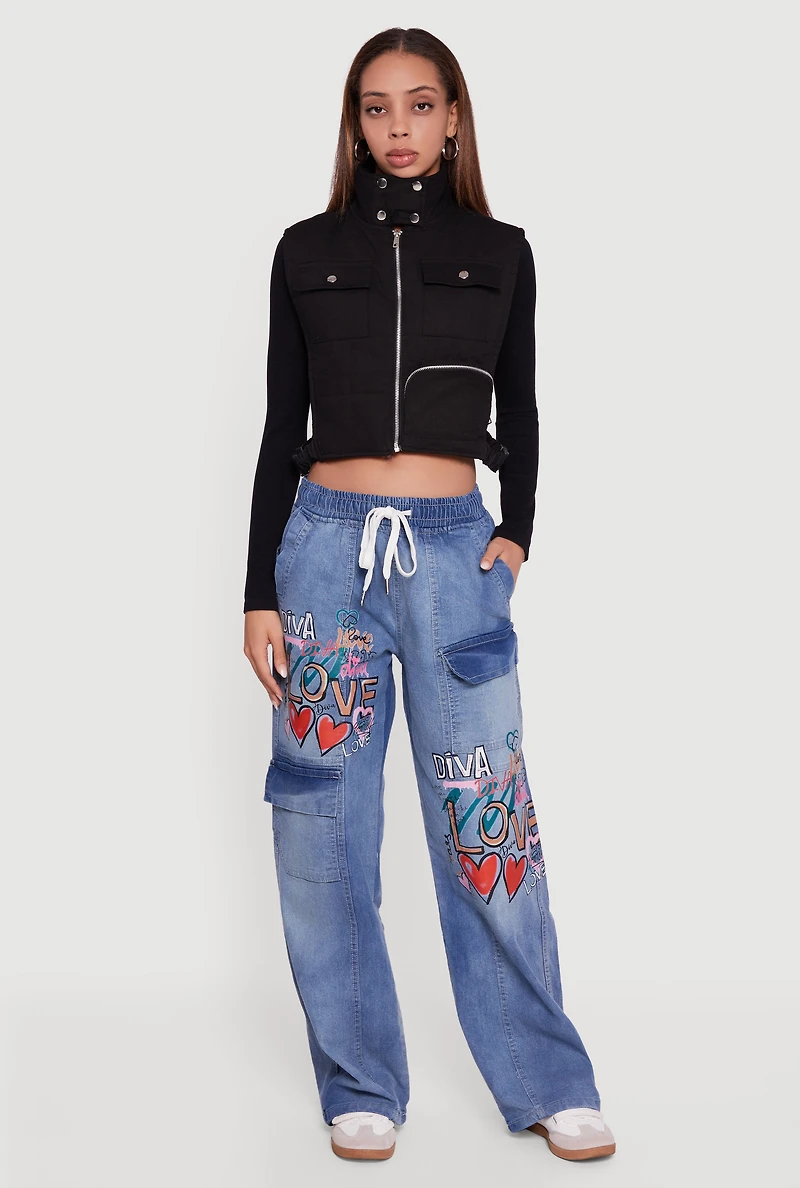 Womens Side Buckle Detail Cropped Mock Neck Vest, Black, Size L