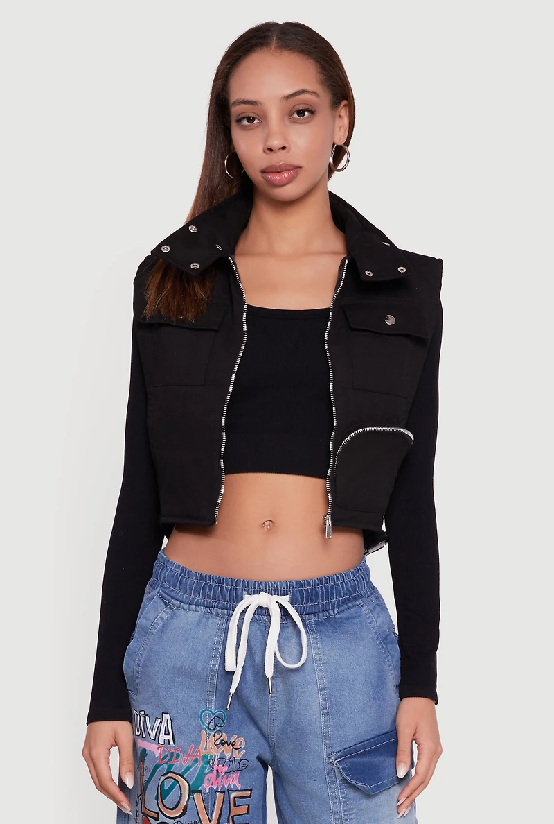 Womens Side Buckle Detail Cropped Mock Neck Vest, Black, Size L