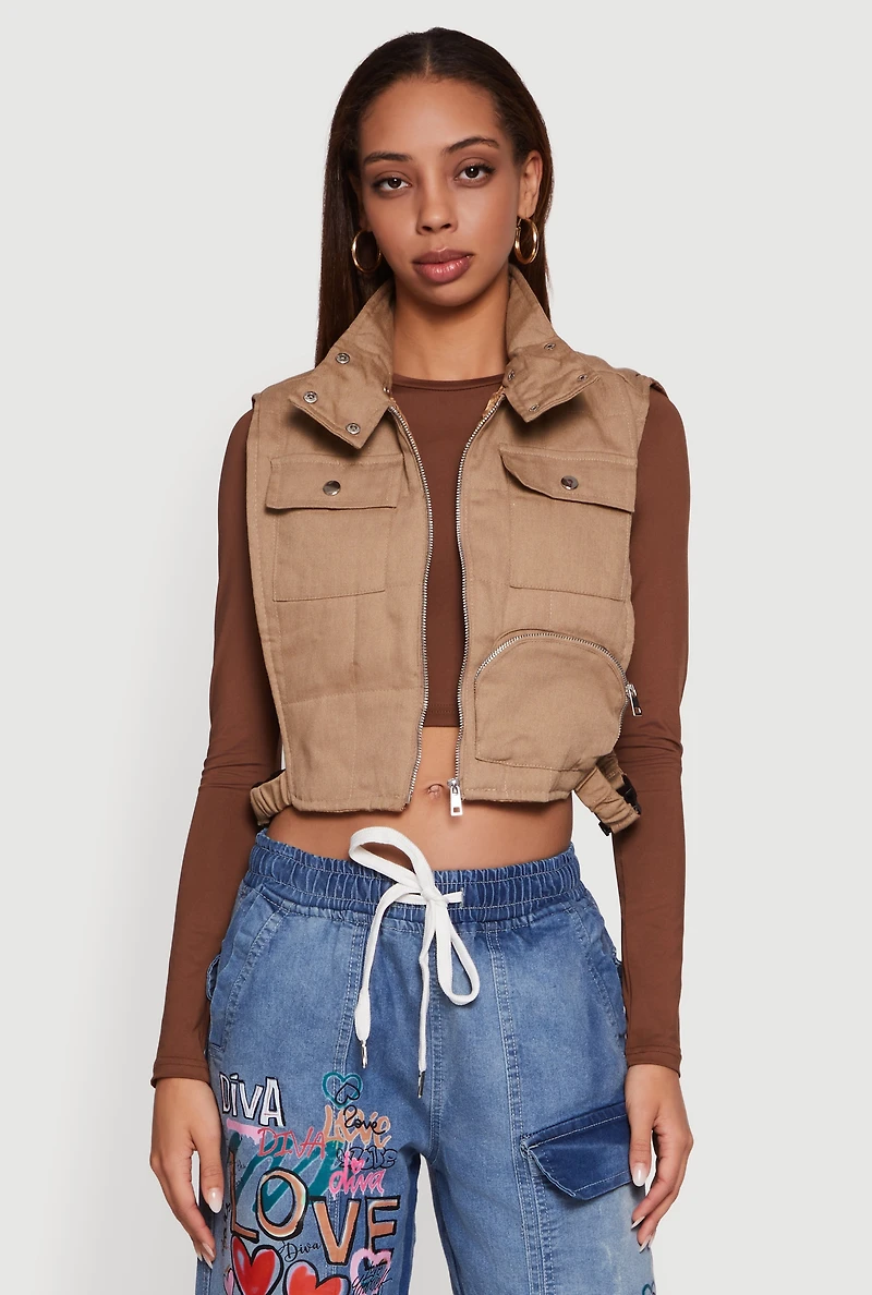 Side Buckle Detail Cropped Mock Neck Vest