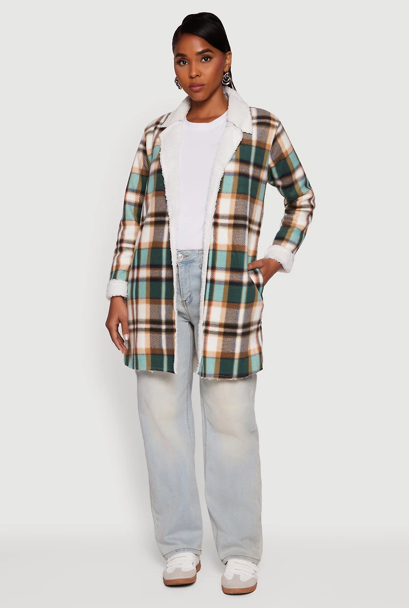 Womens Plaid Sherpa Lined Fleece Collared Open Front Long Jacket, Green, Size S