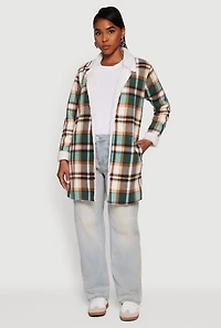 Womens Plaid Sherpa Lined Fleece Collared Open Front Long Jacket, Green, Size S