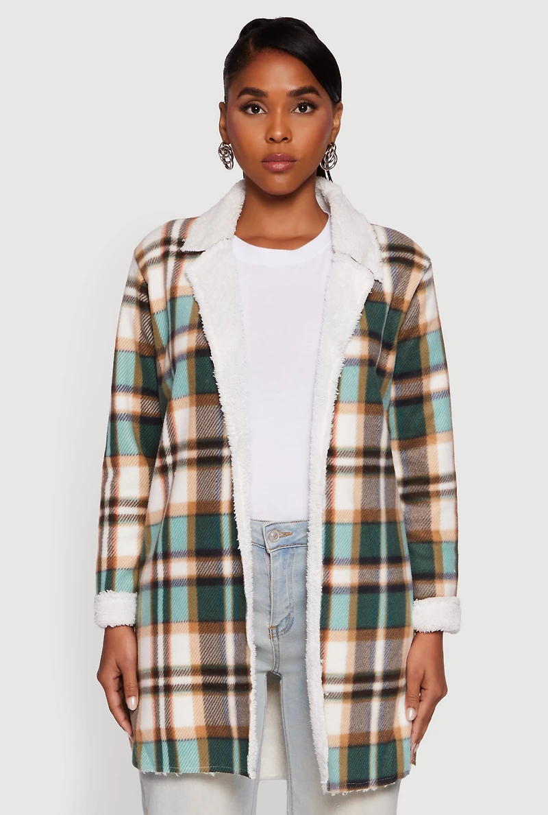 Womens Plaid Sherpa Lined Fleece Collared Open Front Long Jacket, Green, Size S