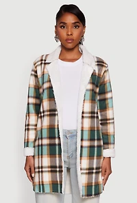 Womens Plaid Sherpa Lined Fleece Collared Open Front Long Jacket, Green, Size S