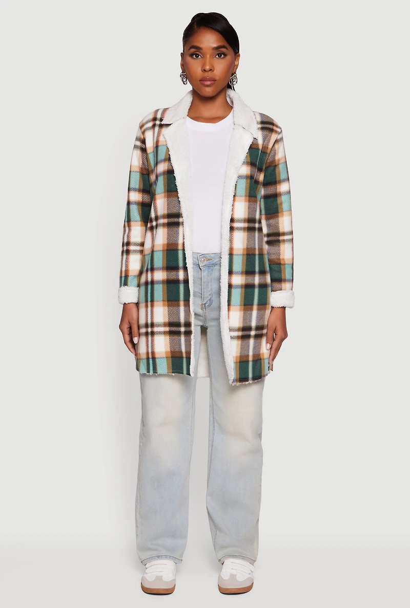 Womens Plaid Sherpa Lined Fleece Collared Open Front Long Jacket, Green, Size S