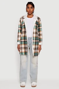 Womens Plaid Sherpa Lined Fleece Collared Open Front Long Jacket, Green, Size S