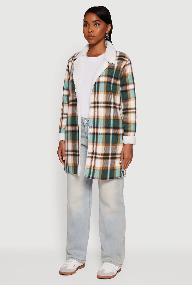 Plaid Sherpa Lined Fleece Collared Open Front Long Jacket