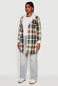 Plaid Sherpa Lined Fleece Collared Open Front Long Jacket
