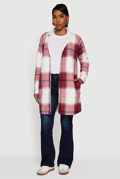 Womens Plaid Sherpa Lined Fleece Collared Open Front Long Jacket,