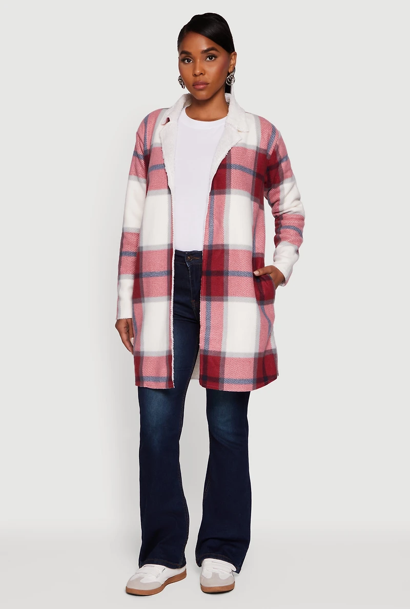 Womens Plaid Sherpa Lined Fleece Collared Open Front Long Jacket, Burgundy, Size M