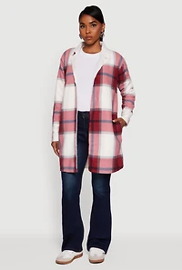 Womens Plaid Sherpa Lined Fleece Collared Open Front Long Jacket, Burgundy, Size M