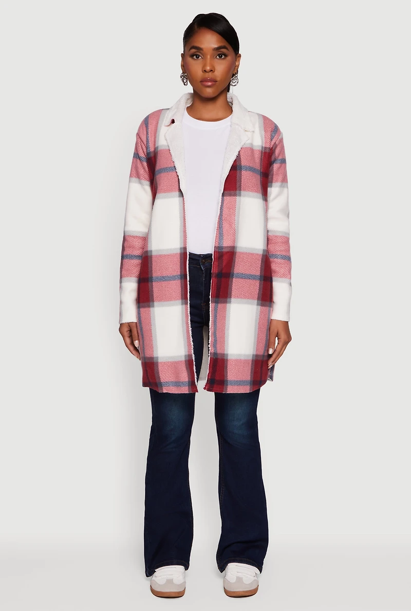 Womens Plaid Sherpa Lined Fleece Collared Open Front Long Jacket, Burgundy, Size M
