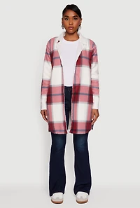 Womens Plaid Sherpa Lined Fleece Collared Open Front Long Jacket, Burgundy, Size M