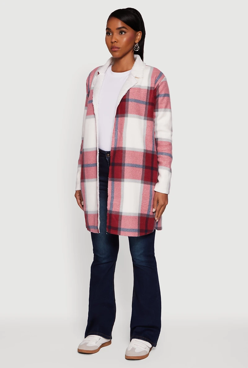 Womens Plaid Sherpa Lined Fleece Collared Open Front Long Jacket, Burgundy, Size M