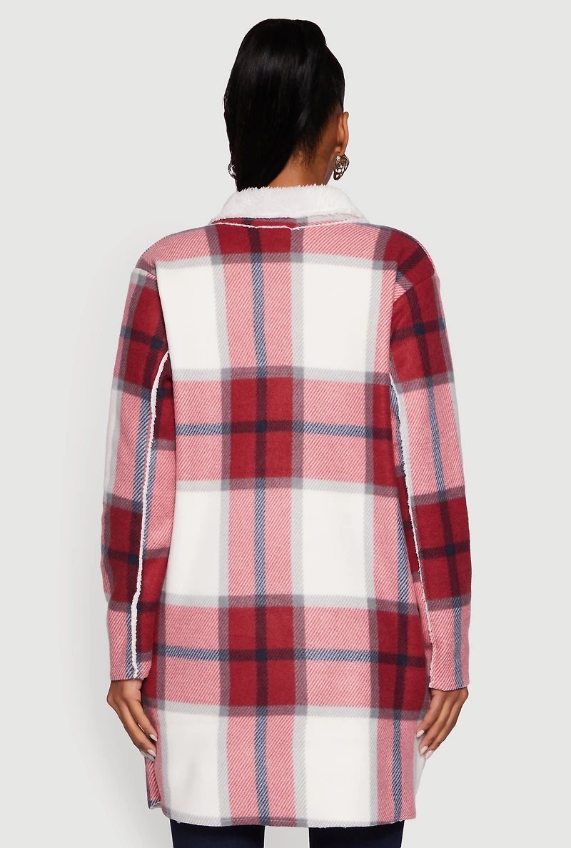 Womens Plaid Sherpa Lined Fleece Collared Open Front Long Jacket, Burgundy, Size M