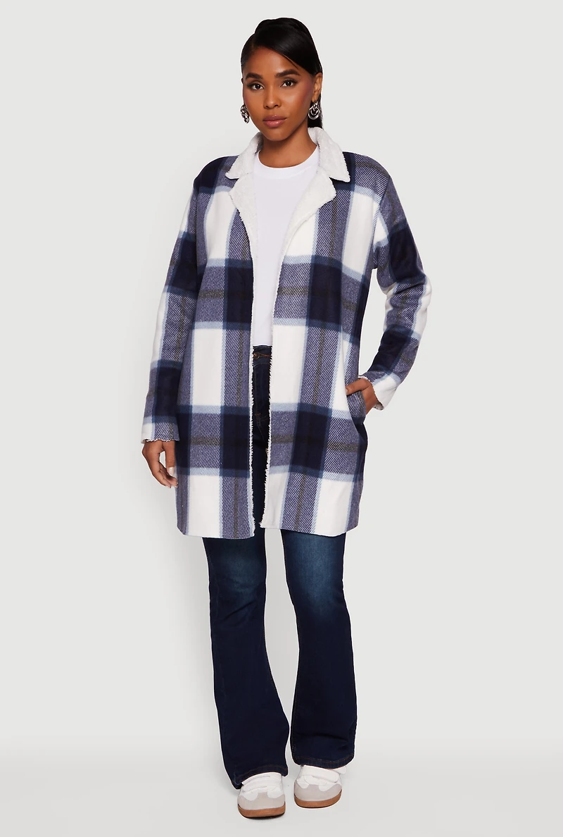 Womens Plaid Sherpa Lined Fleece Collared Open Front Long Jacket, Blue, Size XL