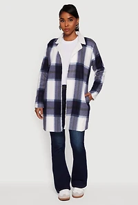 Womens Plaid Sherpa Lined Fleece Collared Open Front Long Jacket, Blue, Size XL