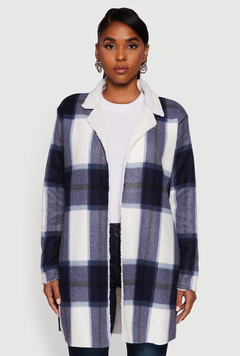 Womens Plaid Sherpa Lined Fleece Collared Open Front Long Jacket, Blue, Size XL