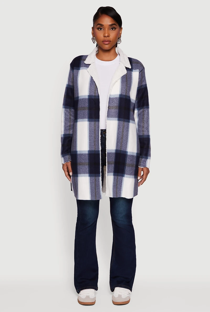 Plaid Sherpa Lined Fleece Collared Open Front Long Jacket
