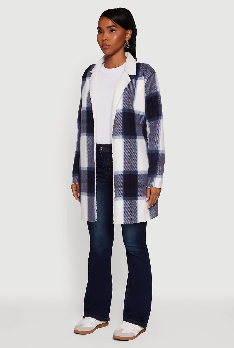 Womens Plaid Sherpa Lined Fleece Collared Open Front Long Jacket, Blue, Size XL
