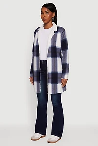 Womens Plaid Sherpa Lined Fleece Collared Open Front Long Jacket, Blue, Size XL