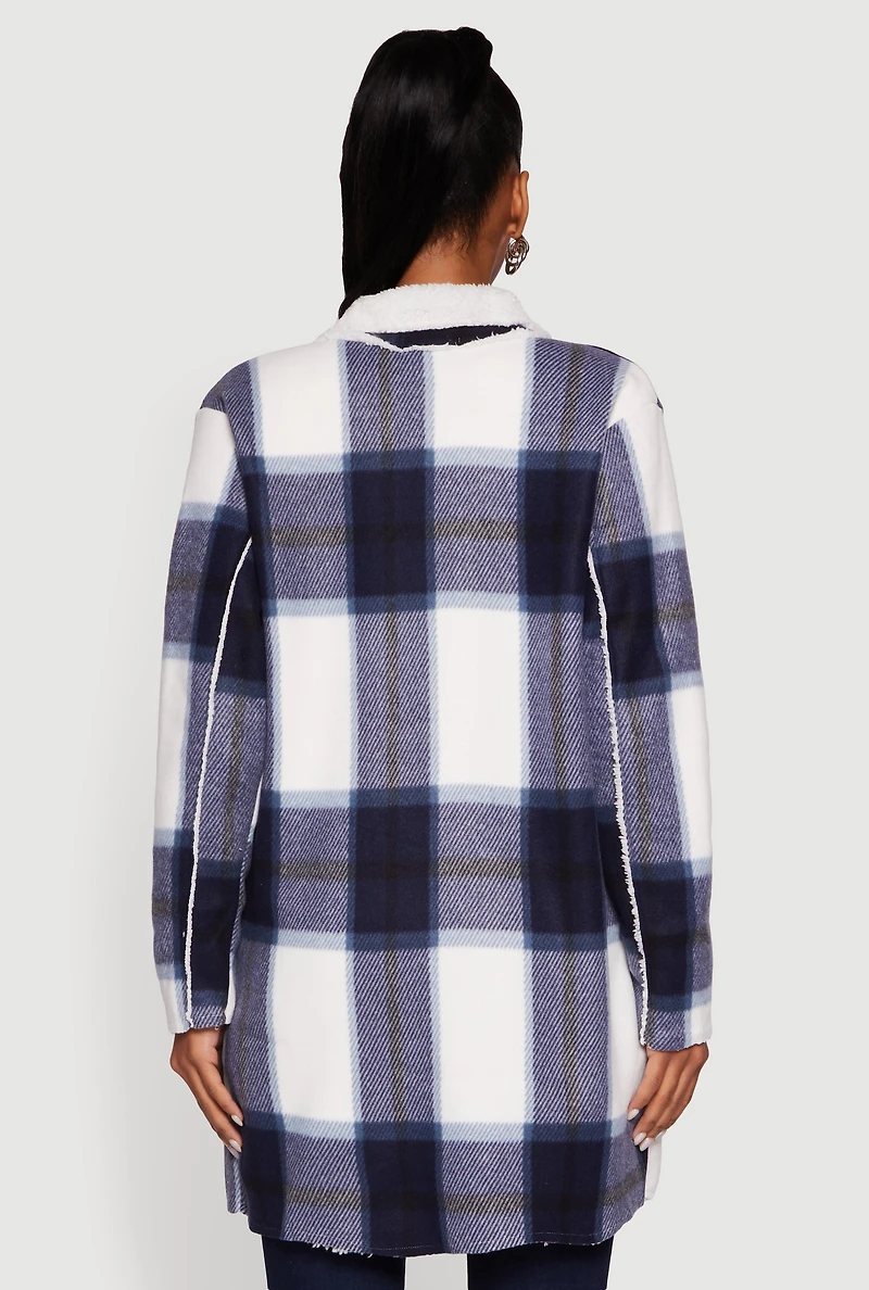 Womens Plaid Sherpa Lined Fleece Collared Open Front Long Jacket, Blue, Size XL