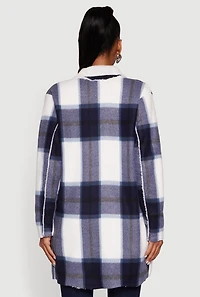 Womens Plaid Sherpa Lined Fleece Collared Open Front Long Jacket, Blue, Size XL
