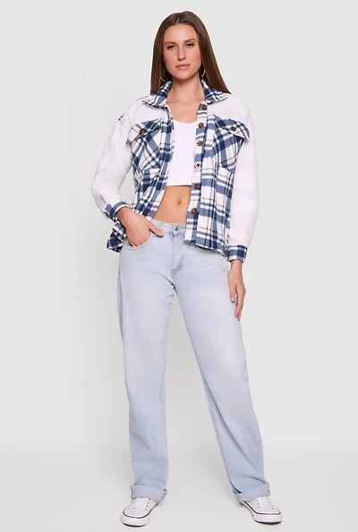 Womens Plaid Color Block Sherpa Button Front Shacket,