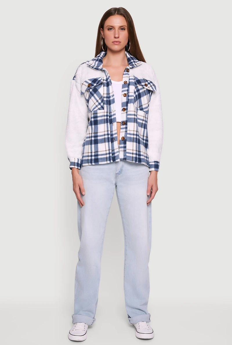 Plaid Color Block Sherpa Button Front Shacket