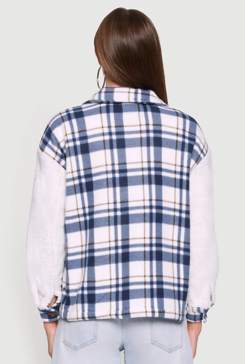 Plaid Color Block Sherpa Button Front Shacket