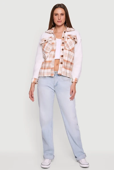 Womens Plaid Color Block Sherpa Button Front Shacket, Brown, Size S