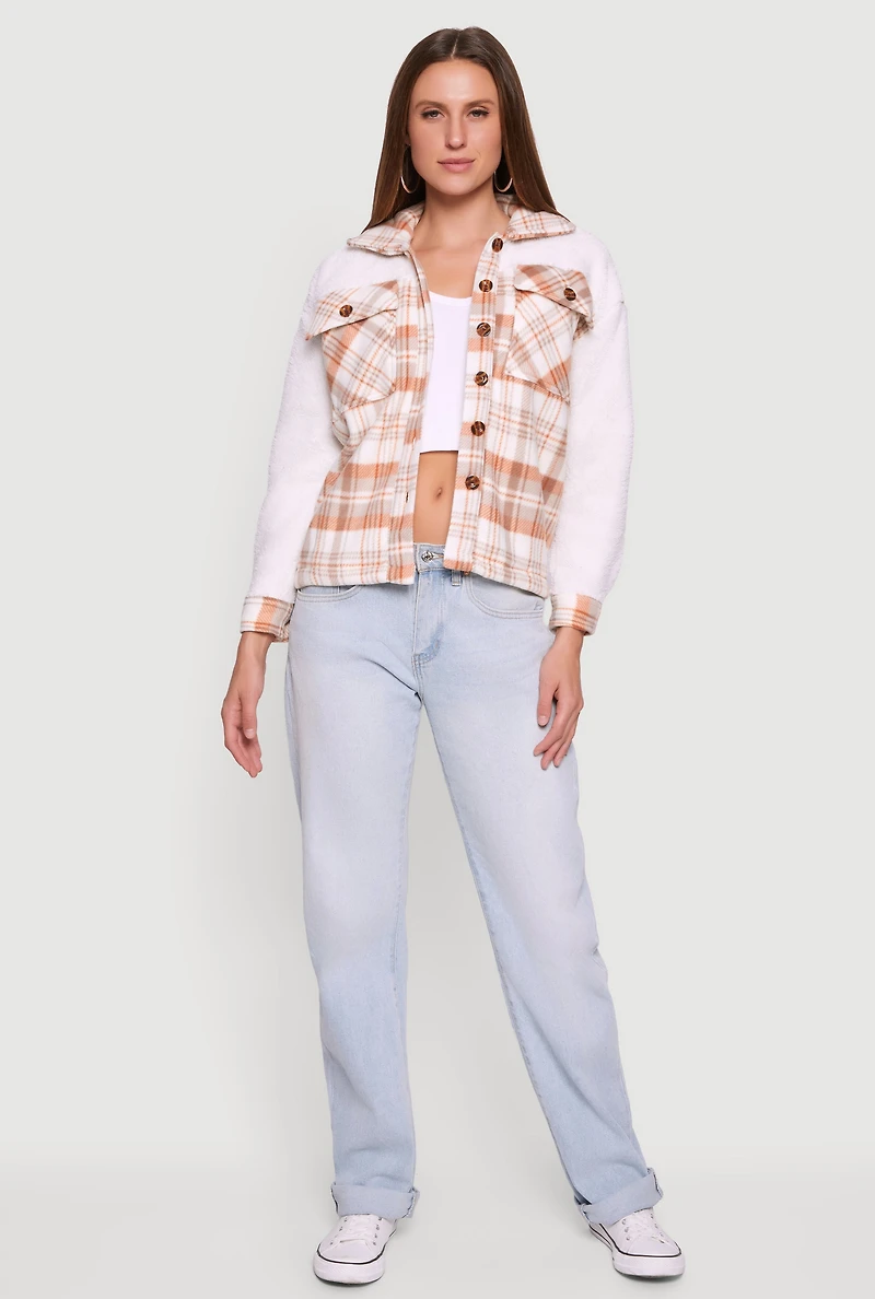Plaid Color Block Sherpa Button Front Shacket