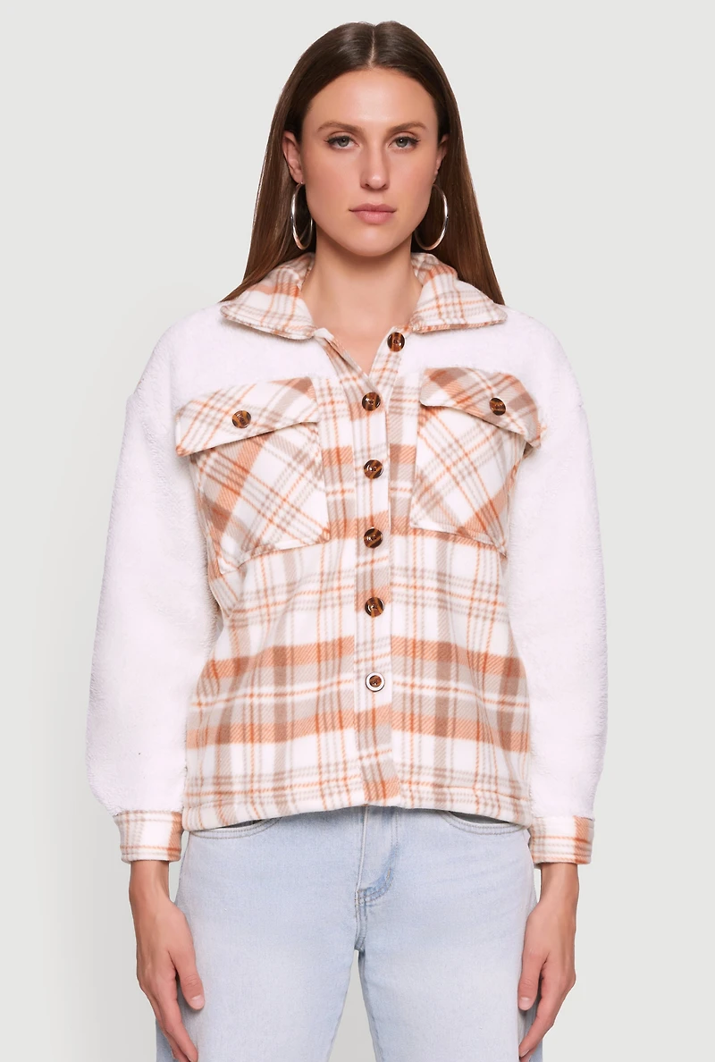Plaid Color Block Sherpa Button Front Shacket