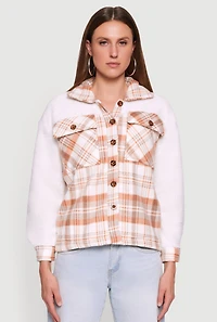 Plaid Color Block Sherpa Button Front Shacket