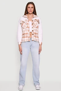 Plaid Color Block Sherpa Button Front Shacket