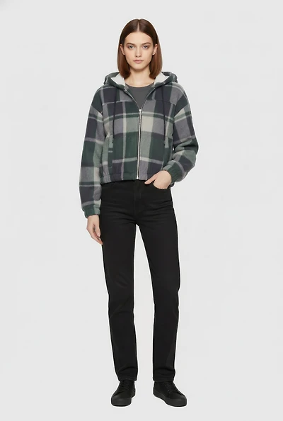 Plaid Sherpa Lined Hooded Jacket