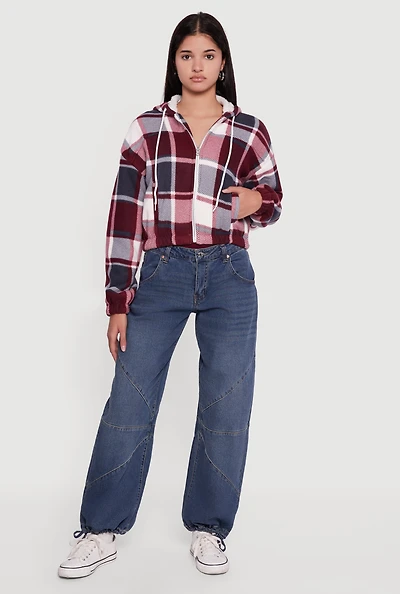 Womens Plaid Sherpa Lined Hooded Jacket, Burgundy, Size M