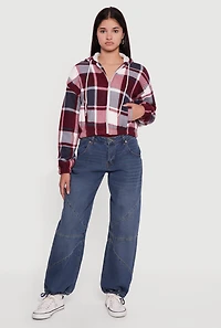 Womens Plaid Sherpa Lined Hooded Jacket, Burgundy, Size M