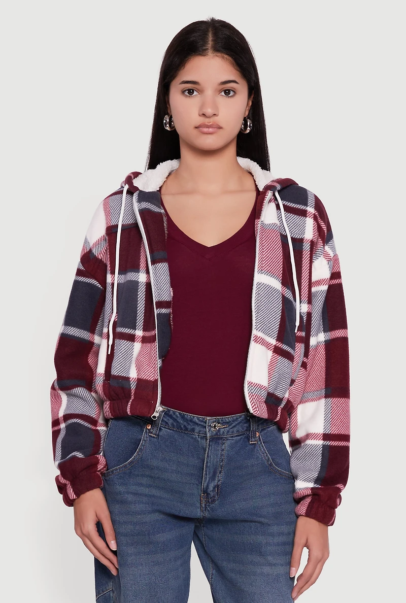 Womens Plaid Sherpa Lined Hooded Jacket, Burgundy, Size M