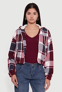 Womens Plaid Sherpa Lined Hooded Jacket, Burgundy, Size M