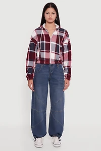 Womens Plaid Sherpa Lined Hooded Jacket, Burgundy, Size M