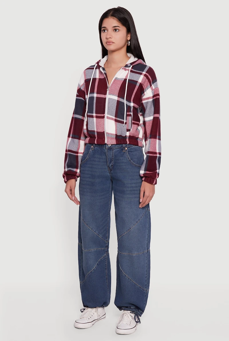 Womens Plaid Sherpa Lined Hooded Jacket, Burgundy, Size M