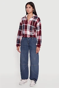 Womens Plaid Sherpa Lined Hooded Jacket, Burgundy, Size M