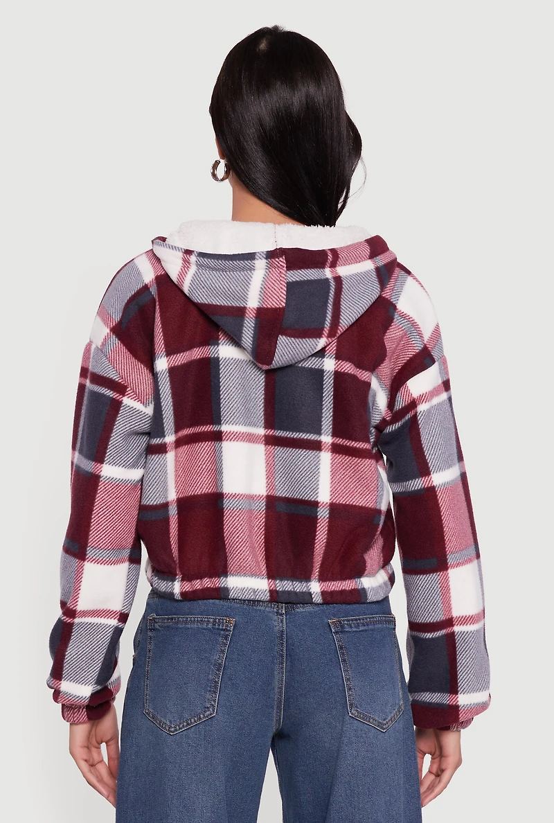 Womens Plaid Sherpa Lined Hooded Jacket, Burgundy, Size M