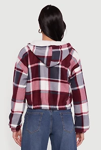 Womens Plaid Sherpa Lined Hooded Jacket, Burgundy, Size M