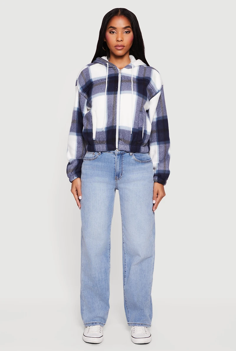 Womens Plaid Sherpa Lined Hooded Jacket,