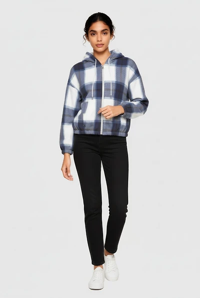 Plaid Sherpa Lined Hooded Jacket